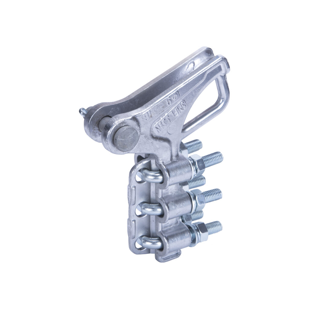 Strain clamps secure conductors at line terminations in LNG infrastructure